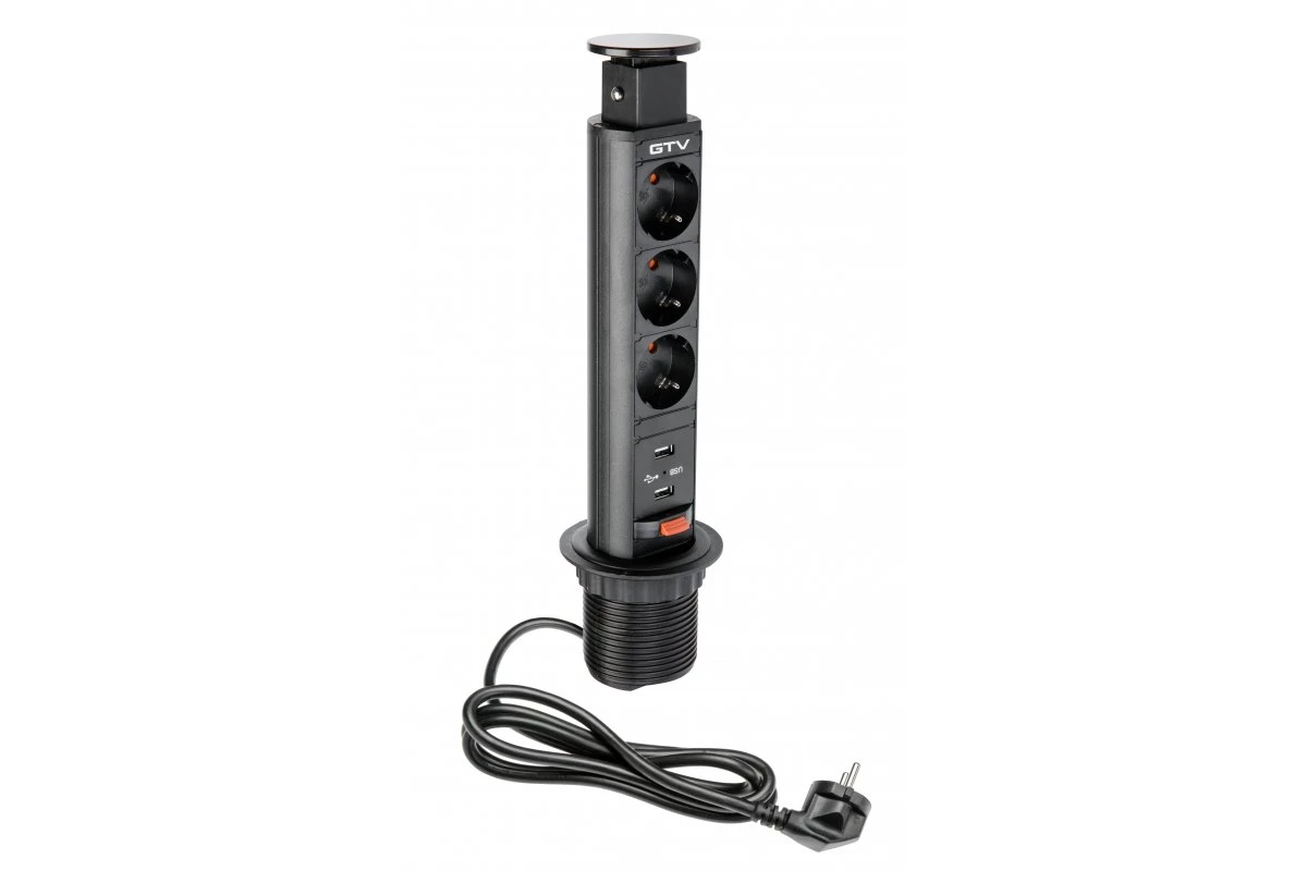 Изображение AE-BPW3S60U-20  Блок розеток выдвижной 3 розетки AE-BPW3S60U-20 (SCHUKO®) 2xUSB, черный - завод GTV