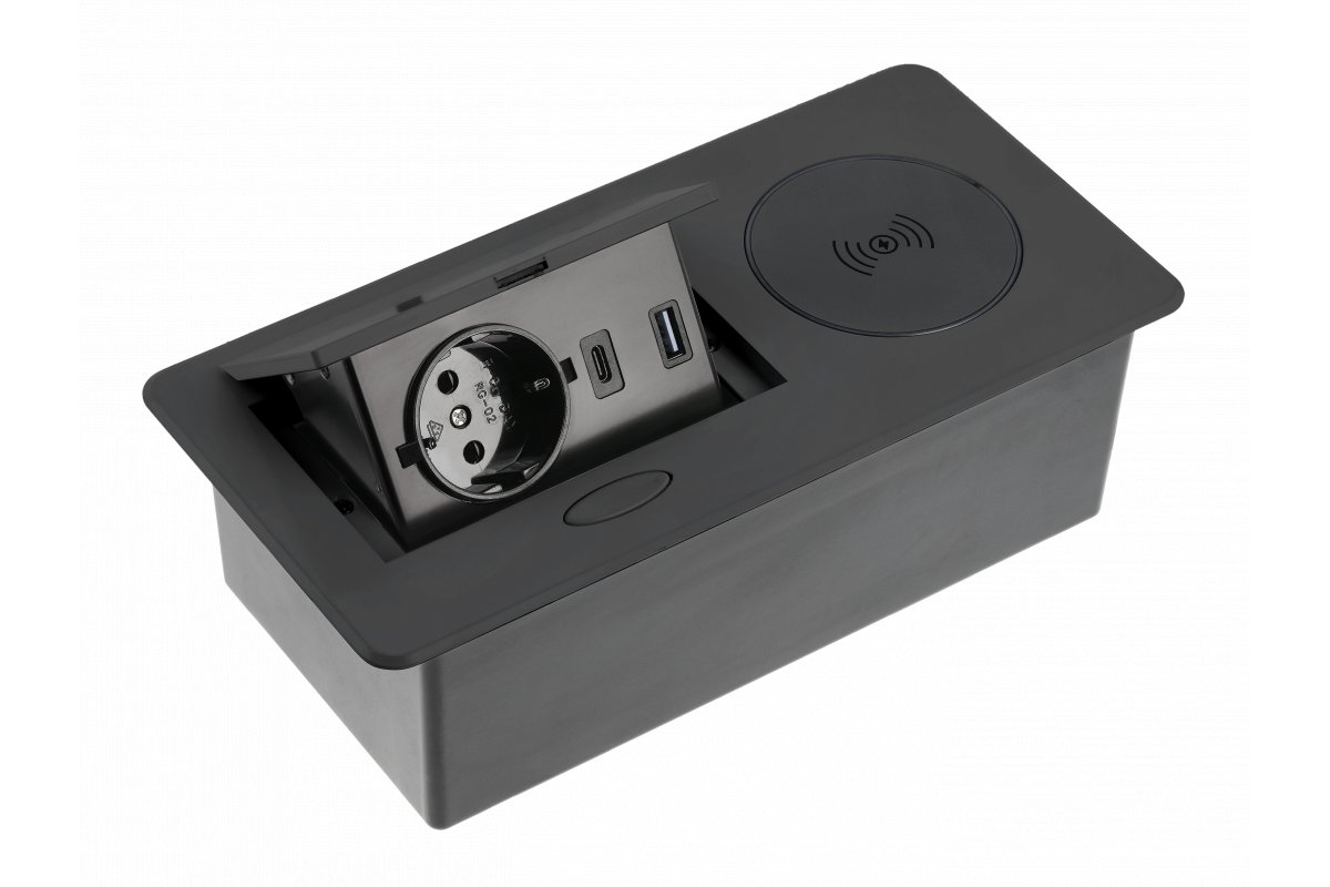 Изображение AE-PB1SAVAP-20  Розетка врезная AVARO PLUS (SCHUKO®), 2xUSB A+C, индукционная зарядка 5W, черный - завод GTV