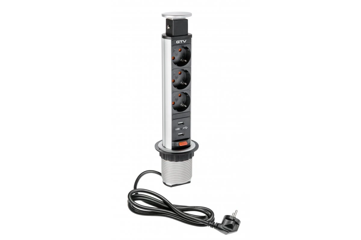 Изображение AE-BPW3S60U-80  Блок розеток выдвижной 3 розетки AE-BPW3S60U-80 (SCHUKO®) 2xUSB, серый - завод GTV