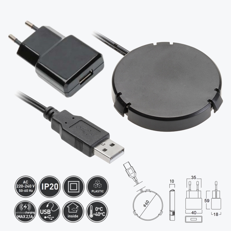 Изображение AE-ZLADPOD-20  Беспроводное зарядное устройство, под столешницу, черный - завод GTV
