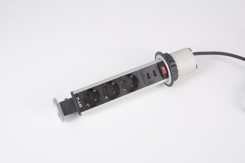 Изображение AE-BPW3S60U-80  Блок розеток выдвижной 3 розетки AE-BPW3S60U-80 (SCHUKO®) 2xUSB, серый - завод GTV