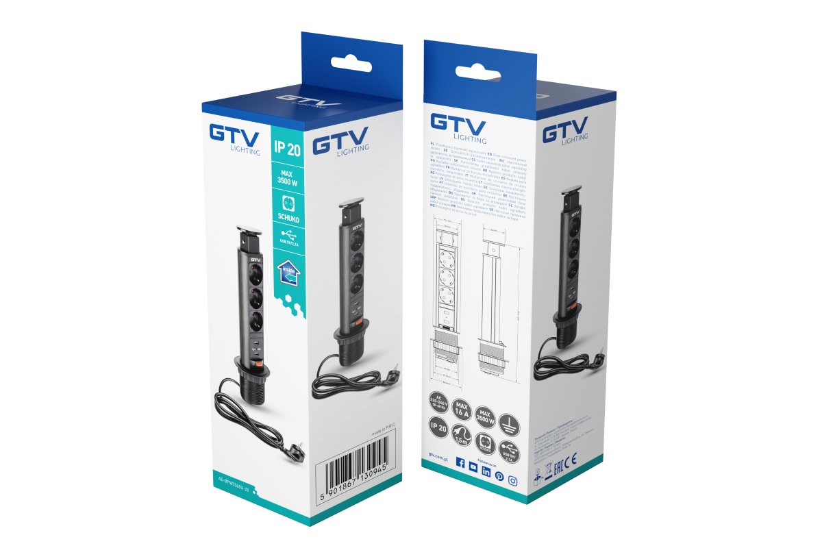 Изображение AE-BPW3S60U-20  Блок розеток выдвижной 3 розетки AE-BPW3S60U-20 (SCHUKO®) 2xUSB, черный - завод GTV